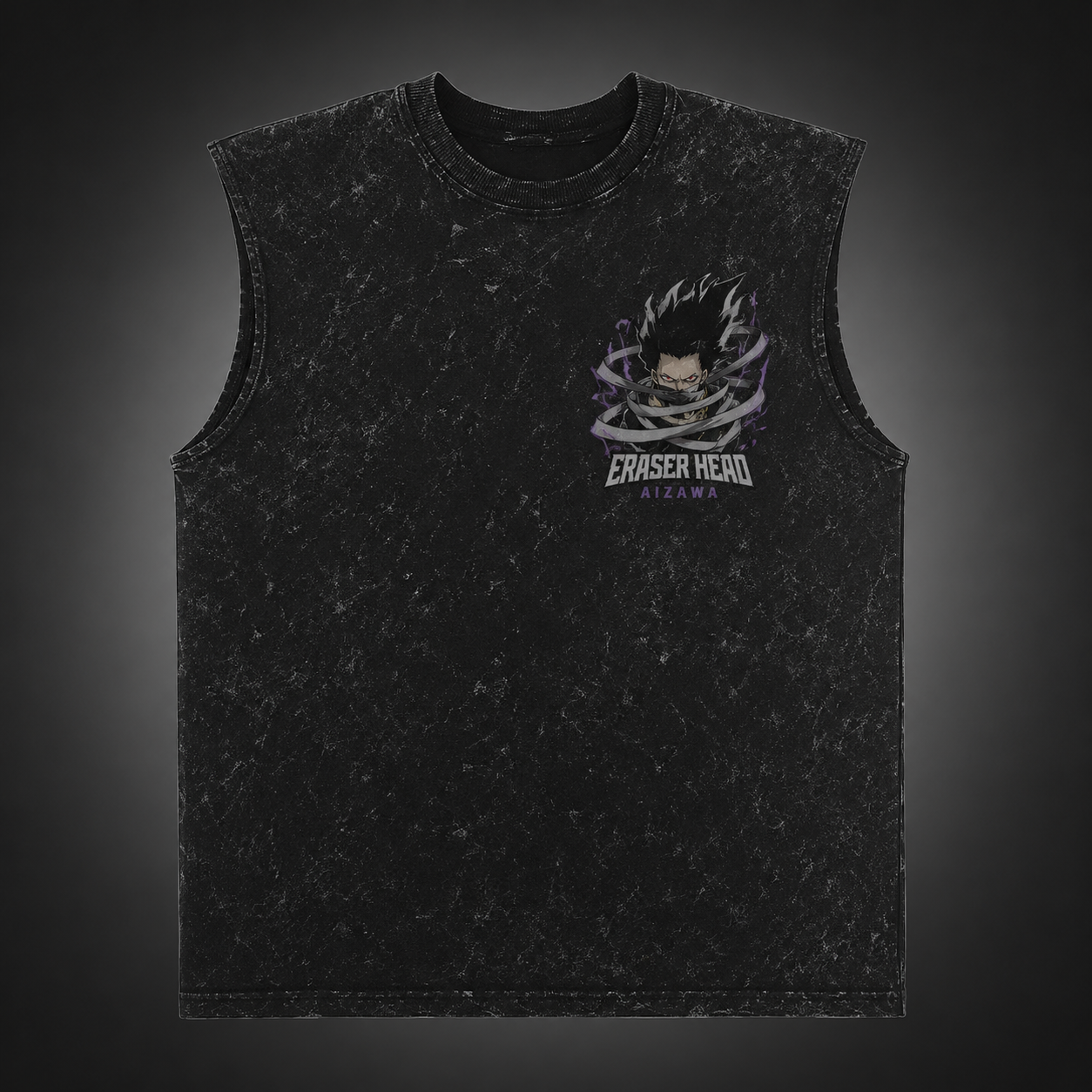 Washed black tank top with Shota Aizawa My Hero Academia Eraser Head Quirk Erasure graphic – photo 2