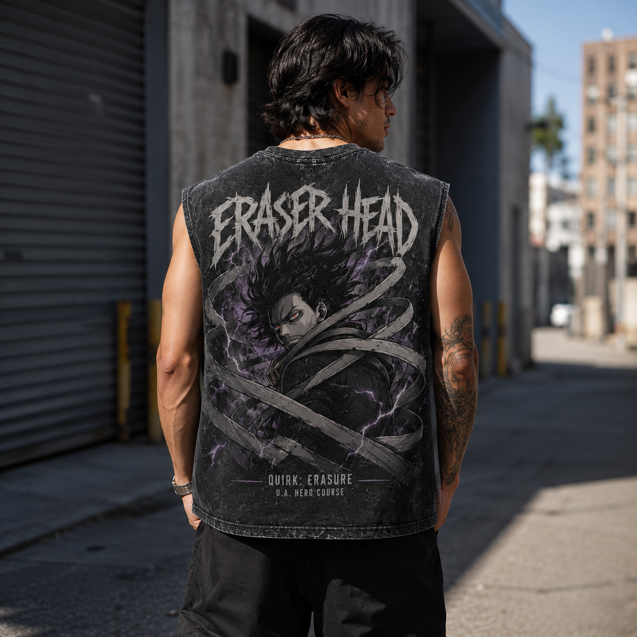 Washed black tank top with Shota Aizawa My Hero Academia Eraser Head Quirk Erasure graphic – photo 3