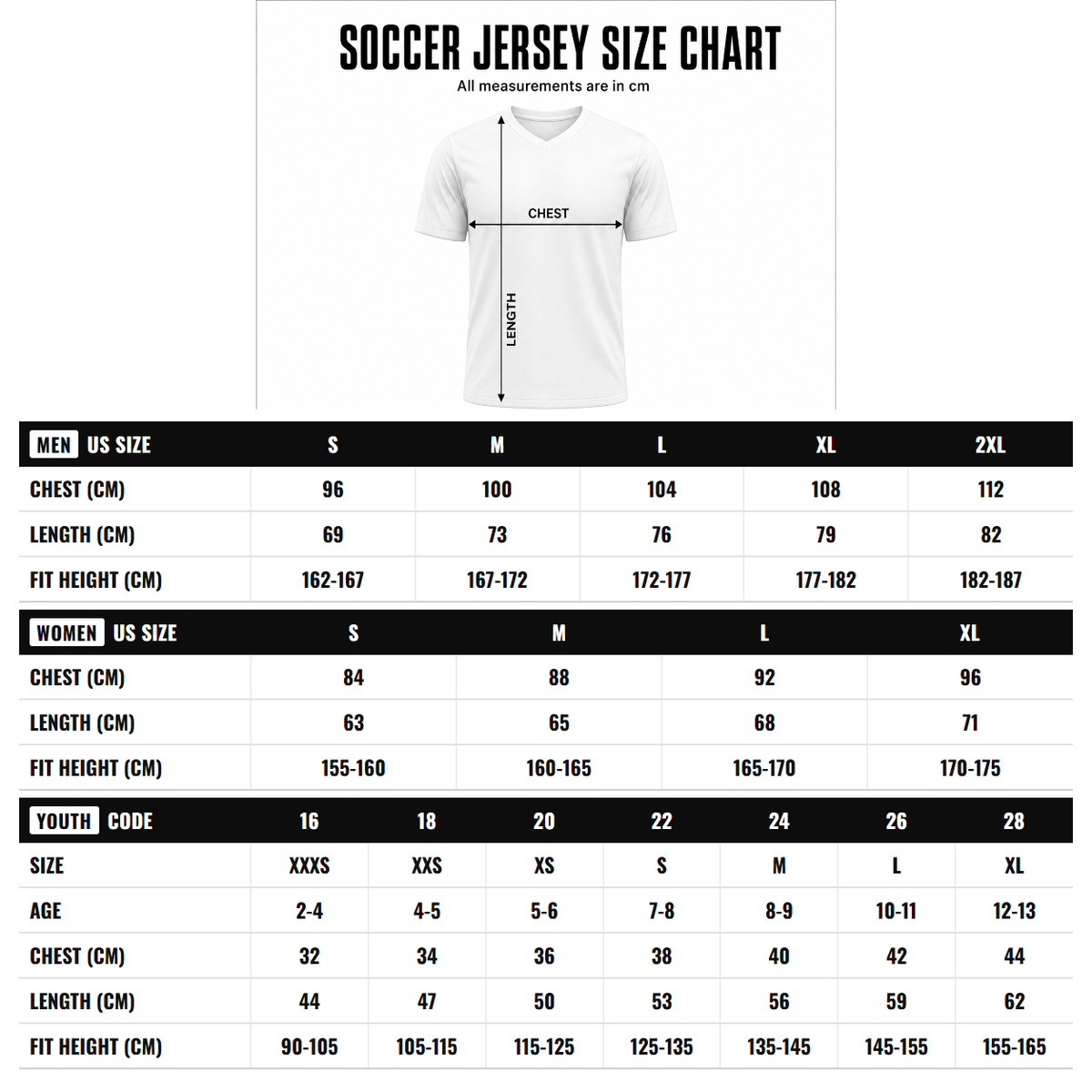 Custom White Black-Orange Sublimation Soccer Uniform Jersey size chart