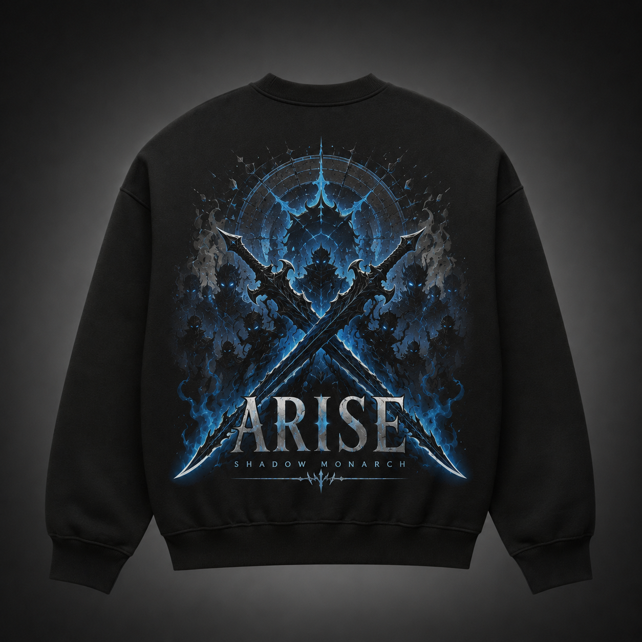 Black sweatshirt with Solo Leveling Arise Crossed Blades graphic – photo 1