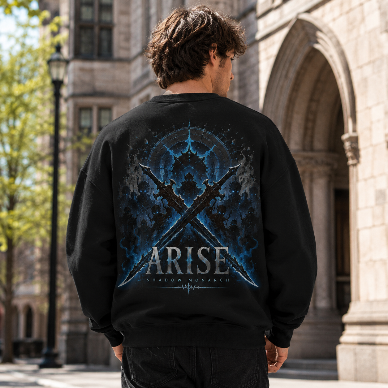 Black sweatshirt with Solo Leveling Arise Crossed Blades graphic – photo 3