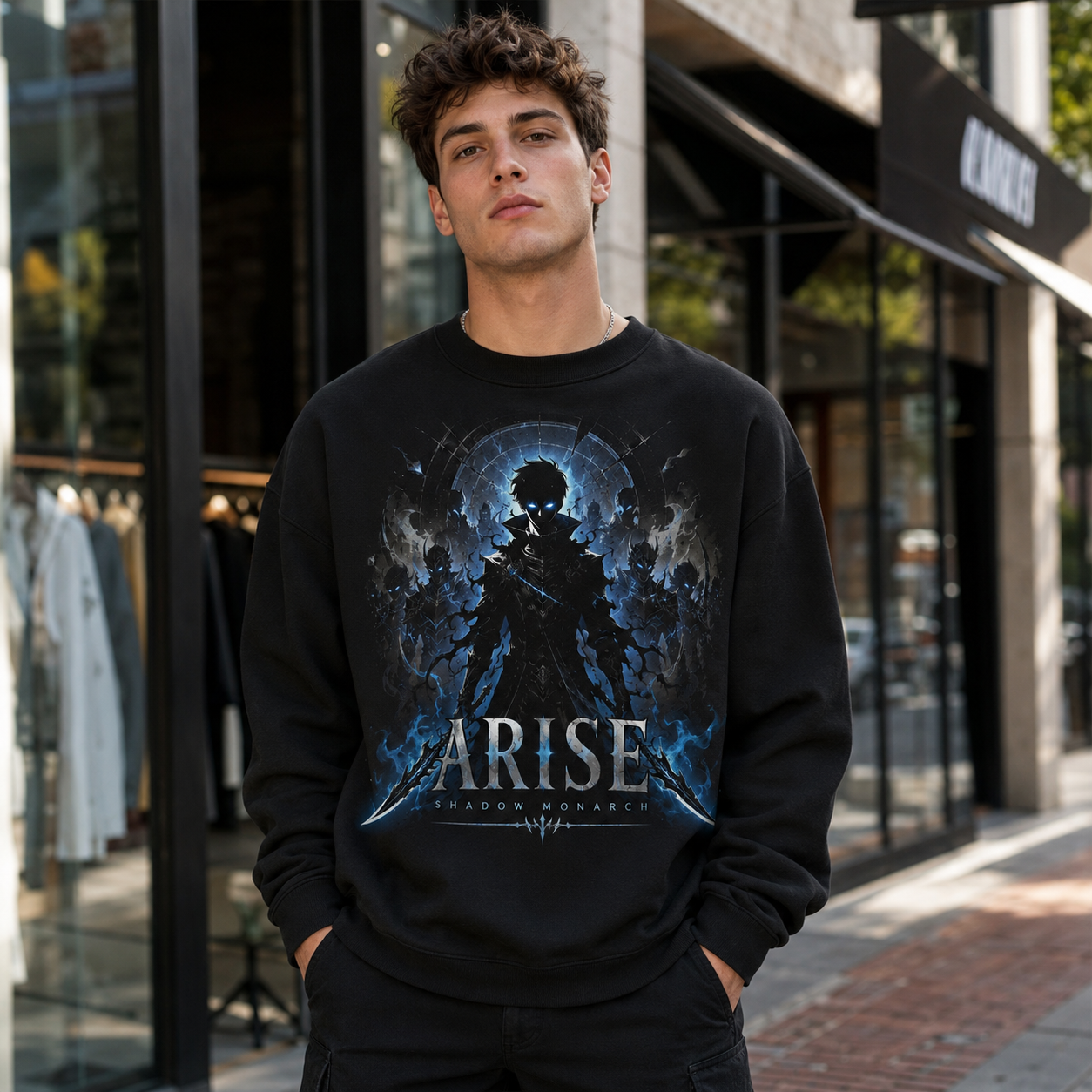Black sweatshirt with Solo Leveling Arise Crossed Blades graphic – photo 4