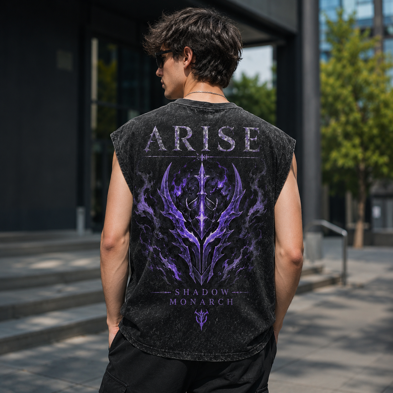 Washed black tank top with Solo Leveling Arise Emblem graphic – photo 3