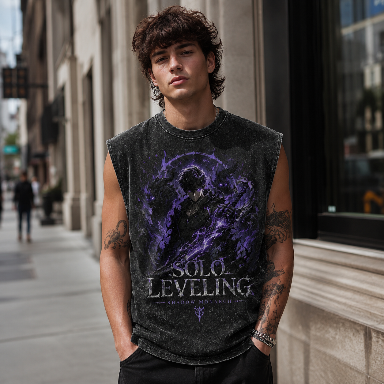 Washed black tank top with Solo Leveling Arise Emblem graphic – photo 4