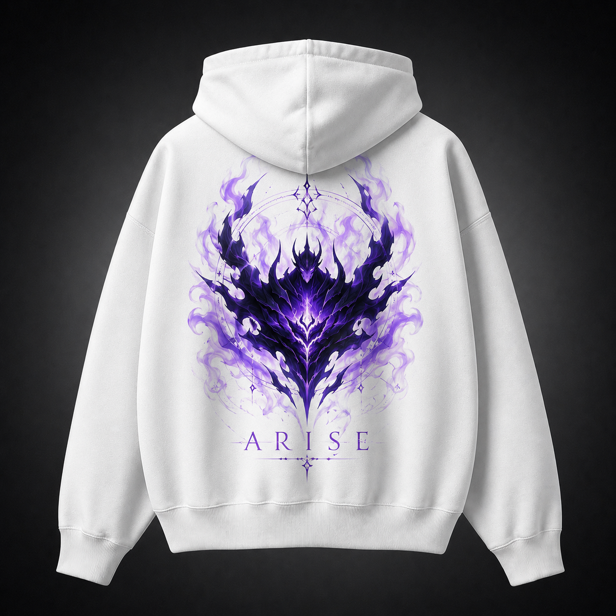 White hoodie with Solo Leveling Purple Flame Arise graphic – photo 1