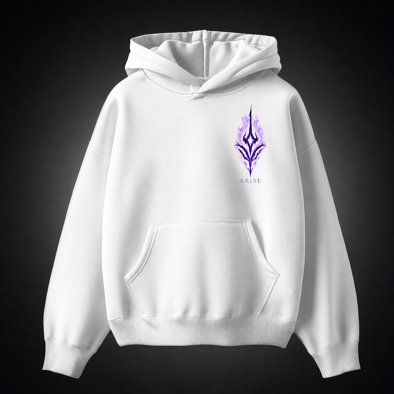 White hoodie with Solo Leveling Purple Flame Arise graphic – photo 2
