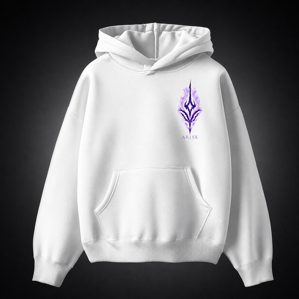 White hoodie with Solo Leveling Purple Flame Arise graphic – photo 2