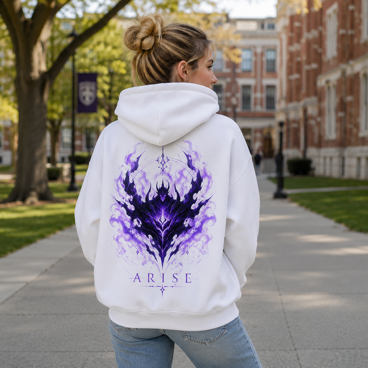 White hoodie with Solo Leveling Purple Flame Arise graphic – photo 3