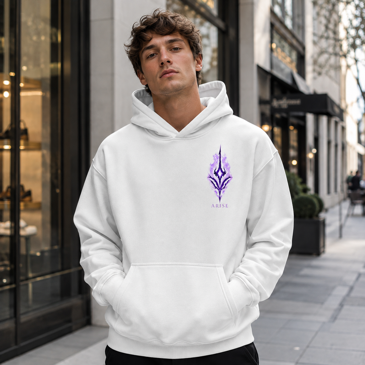 White hoodie with Solo Leveling Purple Flame Arise graphic – photo 4