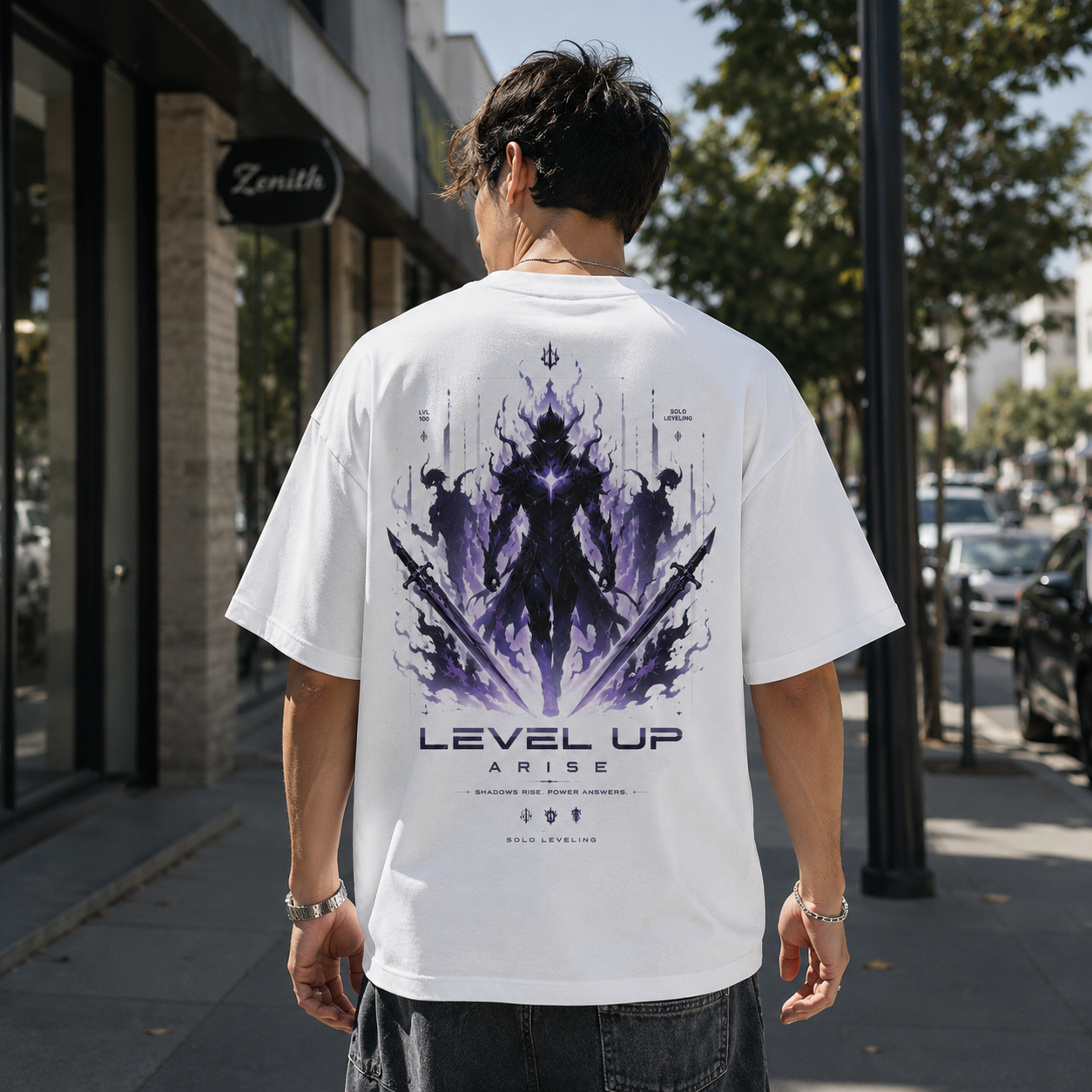 White t-shirt with Solo Leveling Shadow Knight Ascension graphic – photo 3