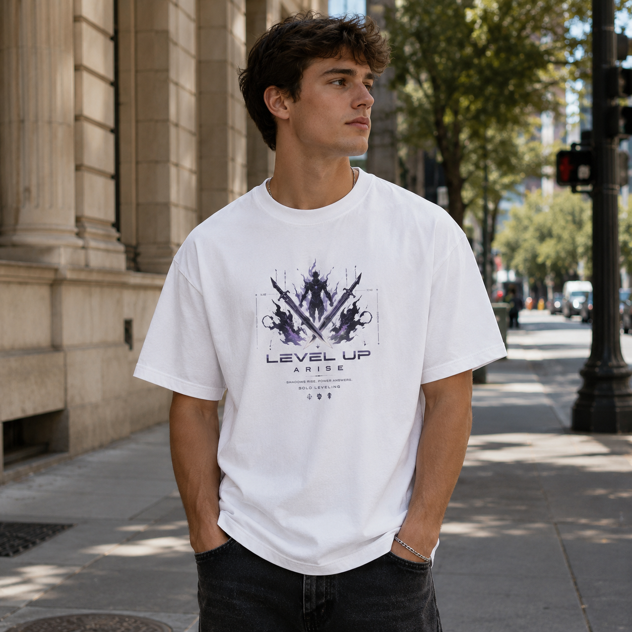 White t-shirt with Solo Leveling Shadow Knight Ascension graphic – photo 4