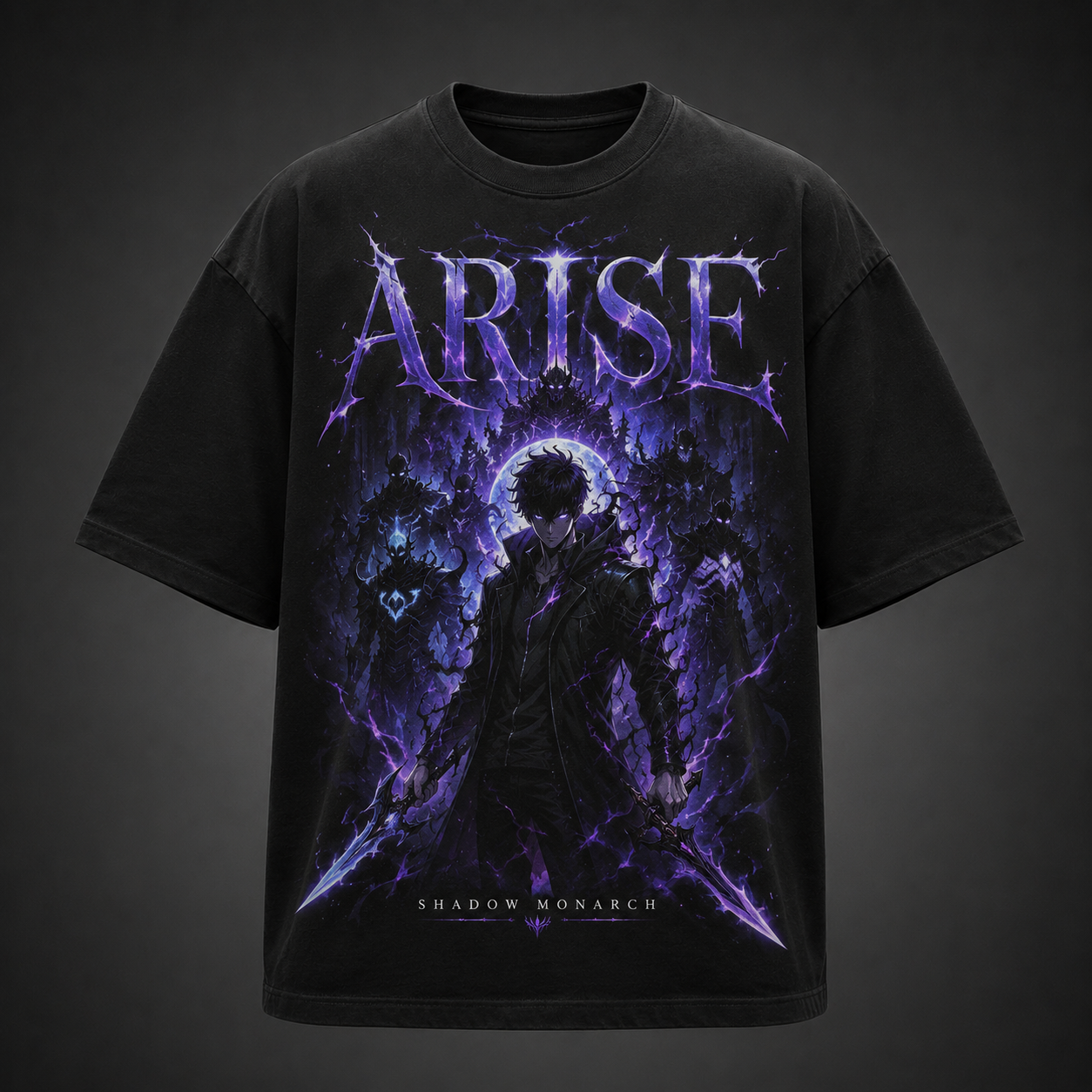 Black t-shirt with Solo Leveling Shadow Monarch Arise graphic – photo 2