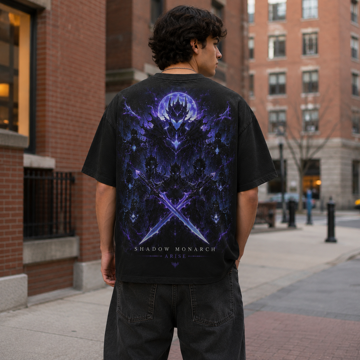 Black t-shirt with Solo Leveling Shadow Monarch Arise graphic – photo 3