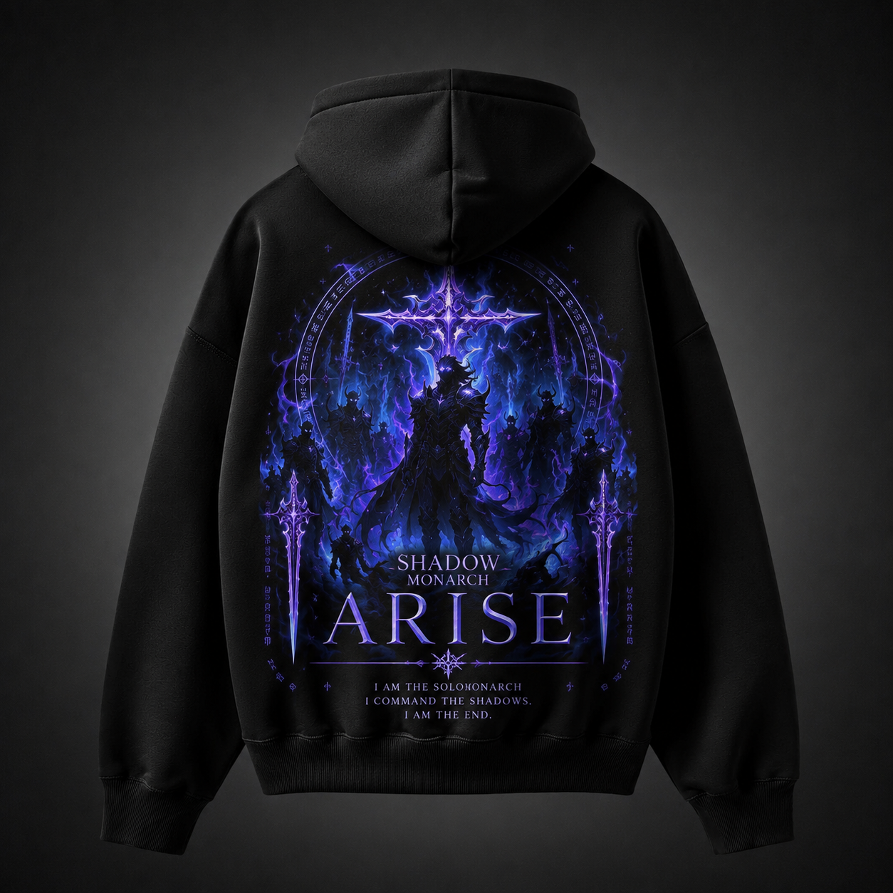 Black hoodie with Solo Leveling Shadow Monarch Emblem graphic – photo 1