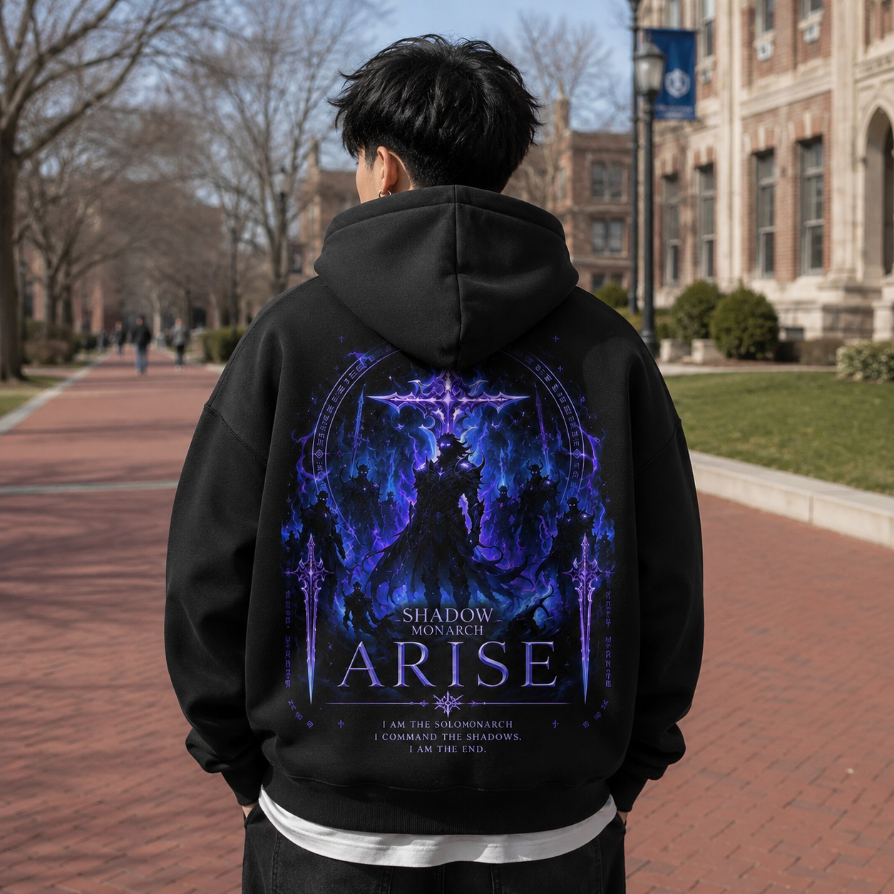 Black hoodie with Solo Leveling Shadow Monarch Emblem graphic – photo 3