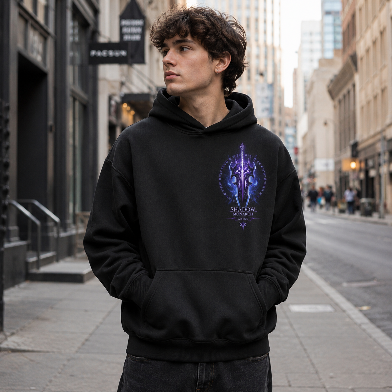 Black hoodie with Solo Leveling Shadow Monarch Emblem graphic – photo 4