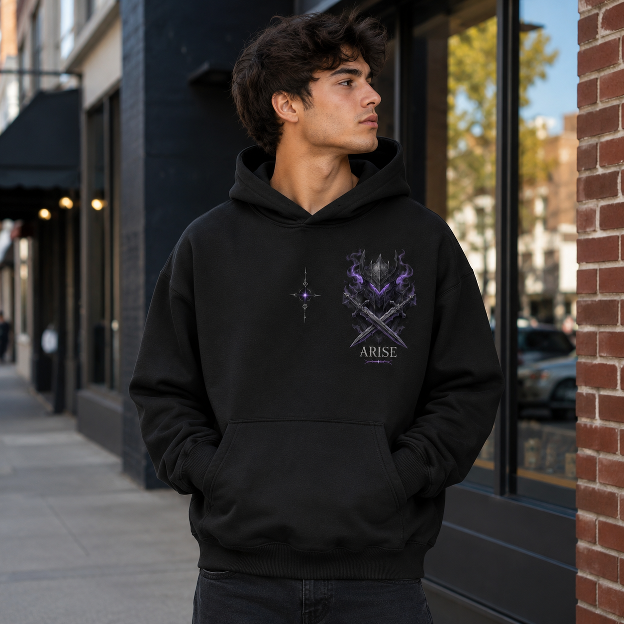 Black hoodie with Solo Leveling Sovereign Crown Blades graphic – photo 4