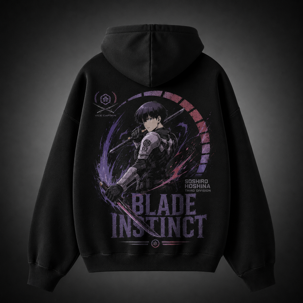Black hoodie with Soshiro Hoshina Kaiju No. 8 Blade Instinct graphic – photo 1