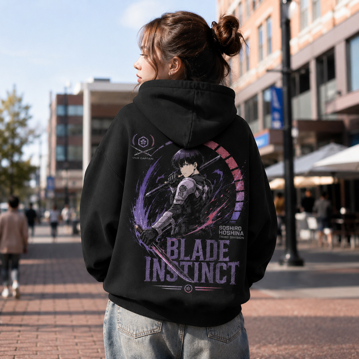Black hoodie with Soshiro Hoshina Kaiju No. 8 Blade Instinct graphic – photo 3