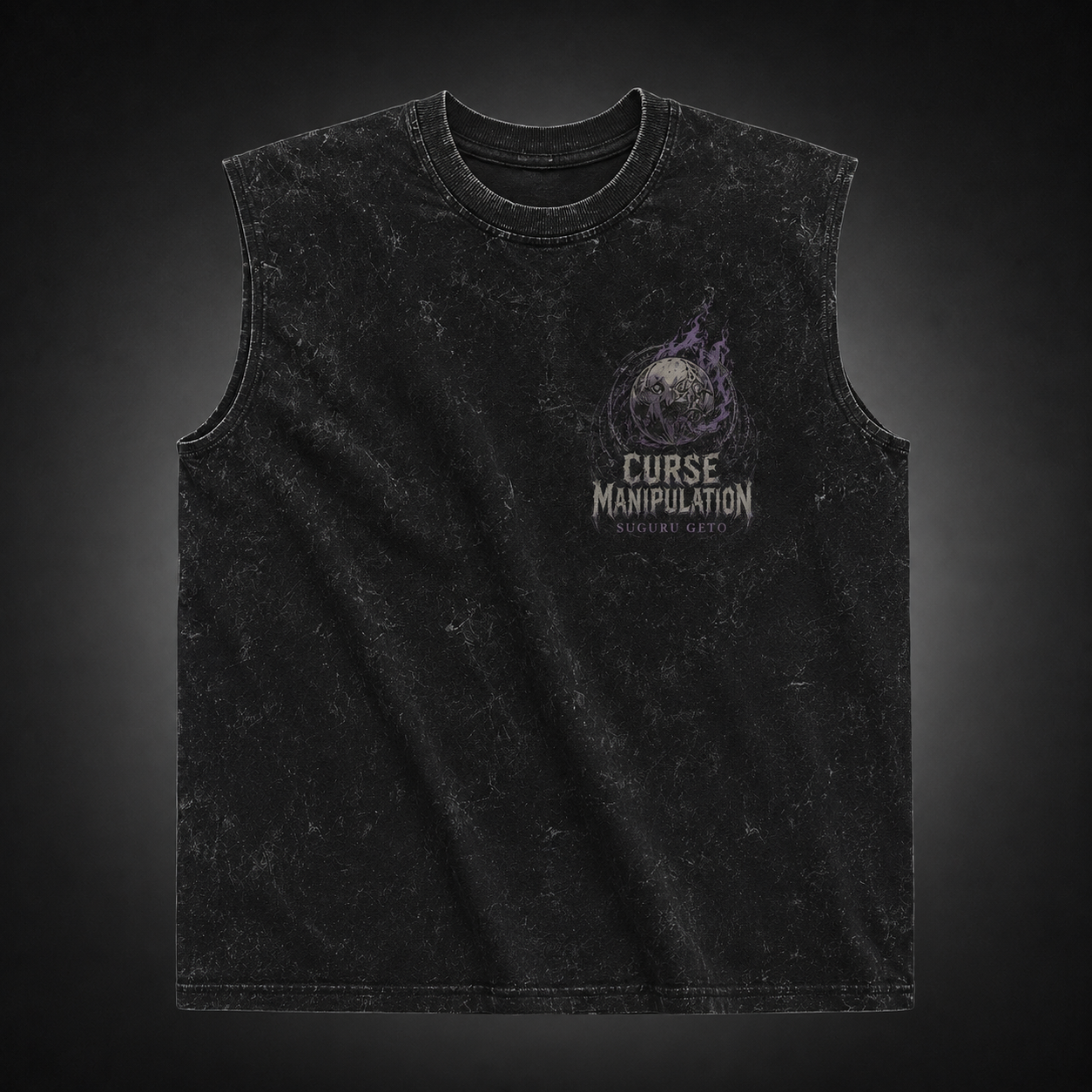 Washed black tank top with Suguru Geto Jujutsu Kaisen Curse Manipulation graphic – photo 1