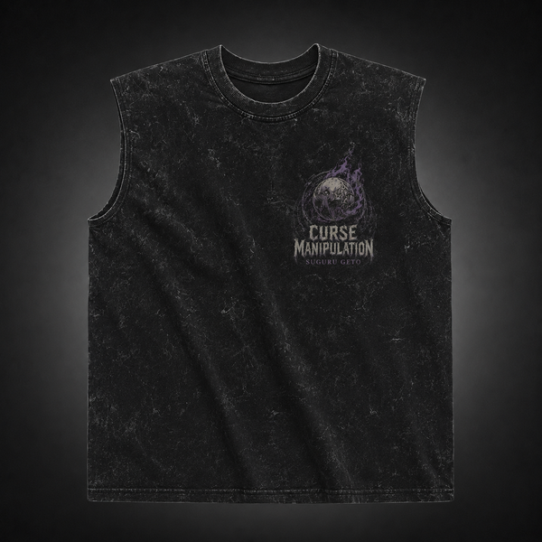 Washed black tank top with Suguru Geto Jujutsu Kaisen Curse Manipulation graphic – photo 1