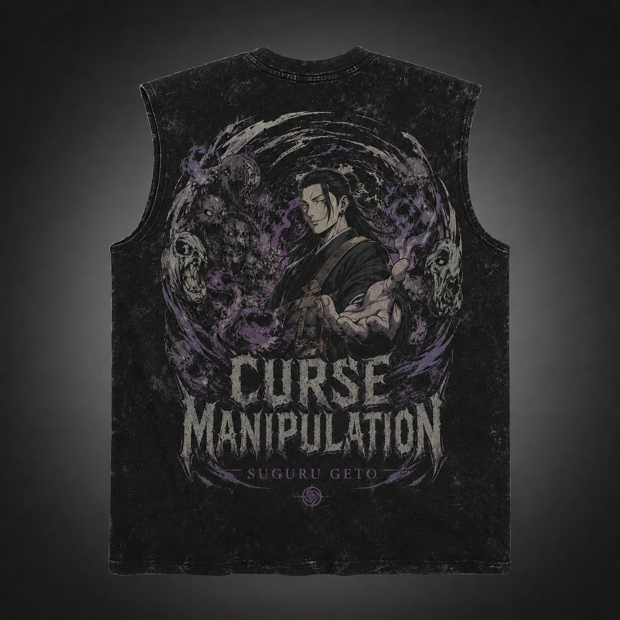 Washed black tank top with Suguru Geto Jujutsu Kaisen Curse Manipulation graphic – photo 2