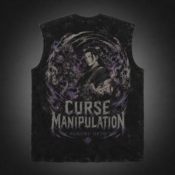 Washed black tank top with Suguru Geto Jujutsu Kaisen Curse Manipulation graphic – photo 2