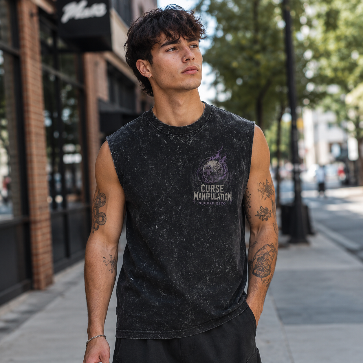 Washed black tank top with Suguru Geto Jujutsu Kaisen Curse Manipulation graphic – photo 3