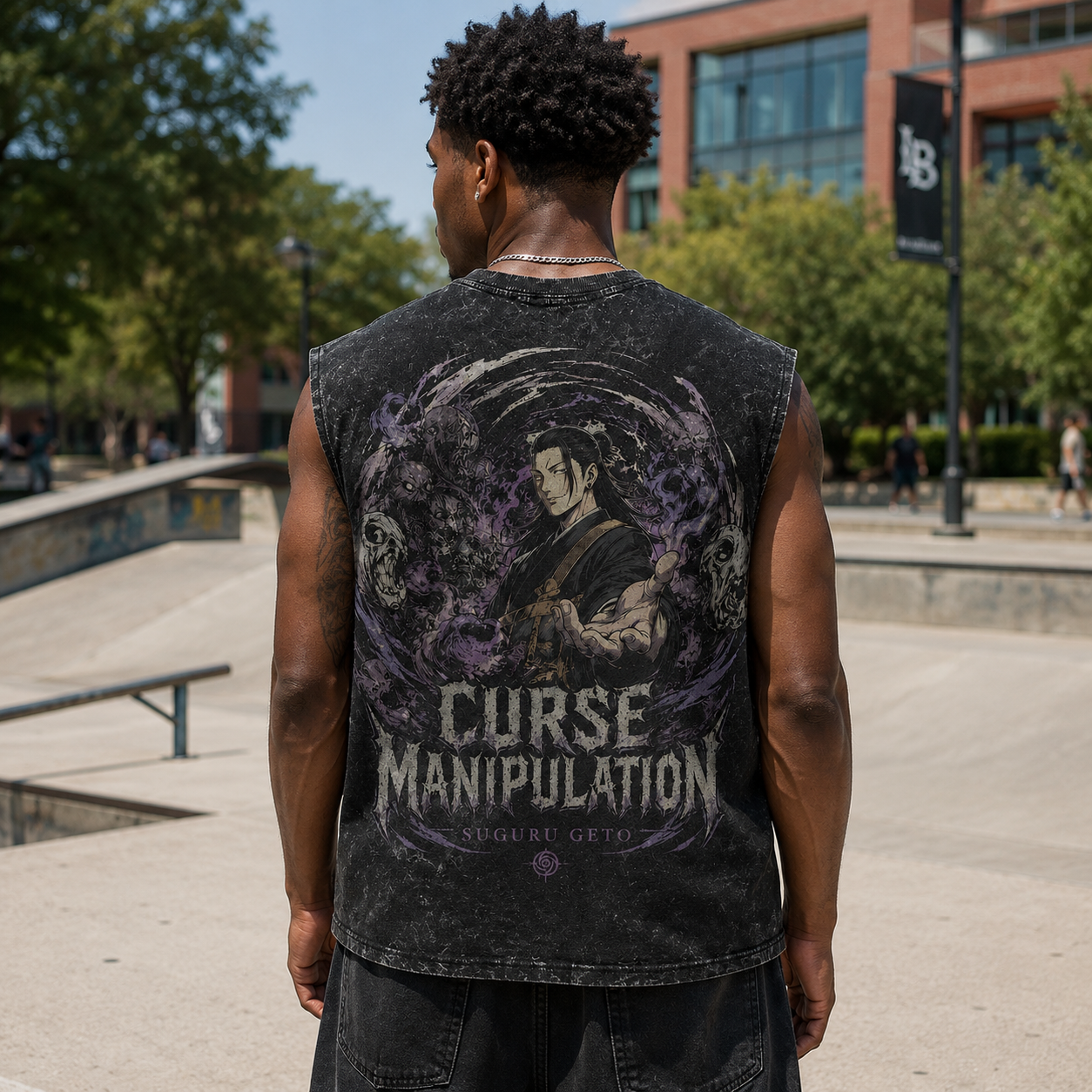 Washed black tank top with Suguru Geto Jujutsu Kaisen Curse Manipulation graphic – photo 4