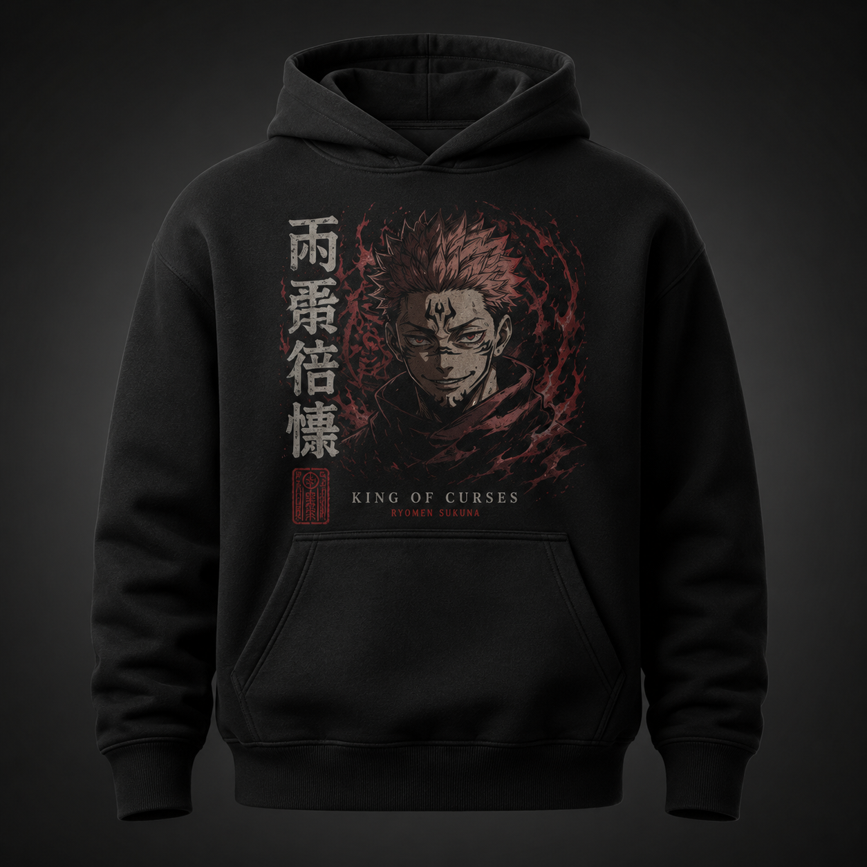 Black hoodie with Sukuna Jujutsu Kaisen King Of Curses graphic – photo 2