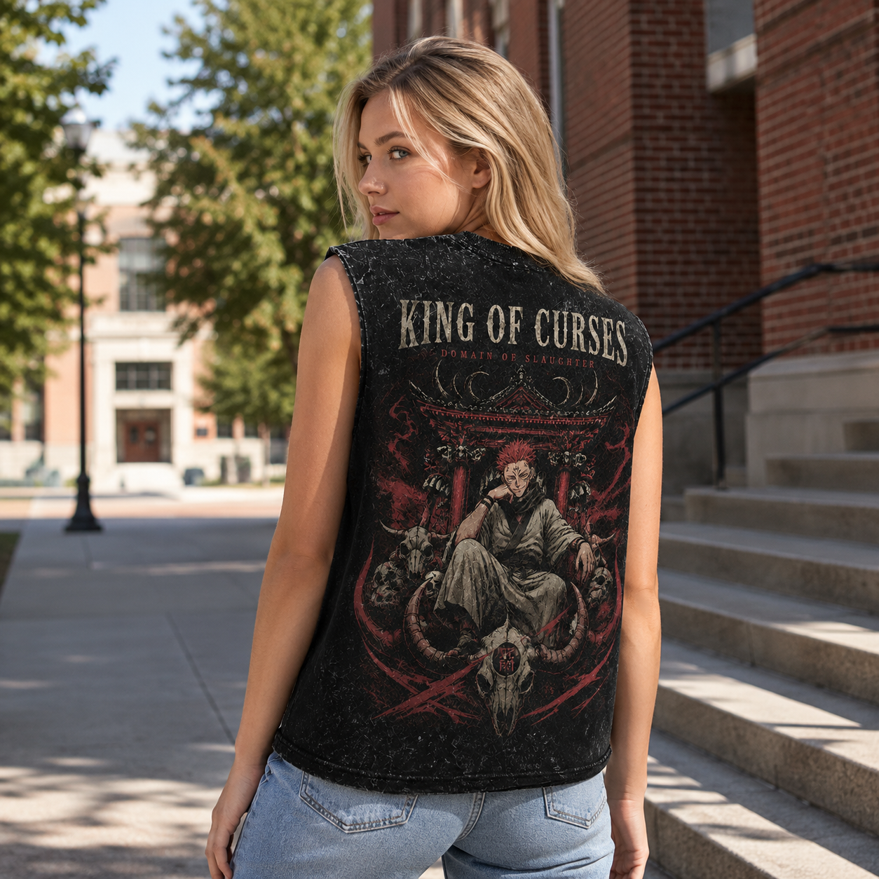 Washed black tank top with Sukuna Jujutsu Kaisen King Of Curses graphic – photo 3