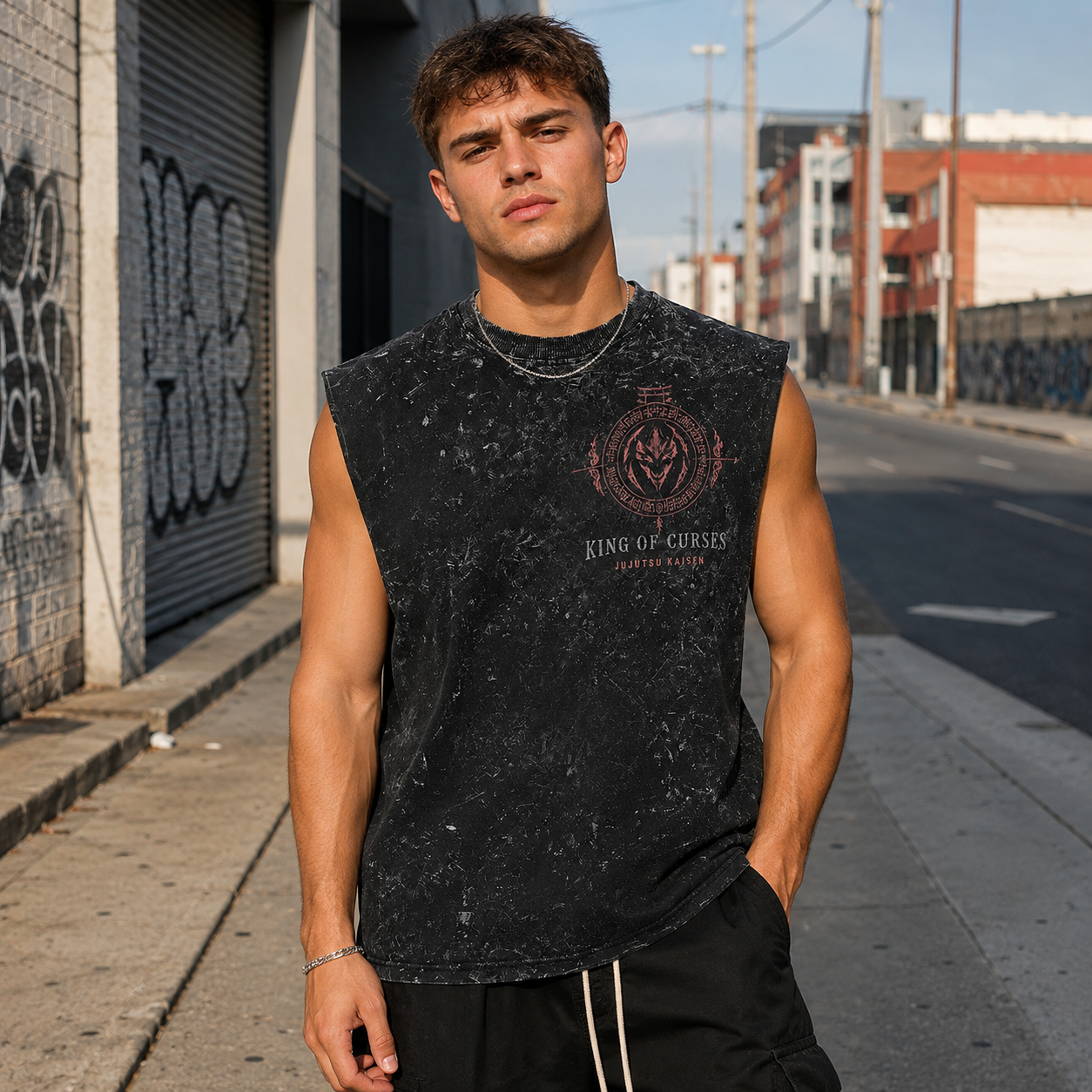 Washed black tank top with Sukuna Jujutsu Kaisen King Of Curses graphic – photo 4