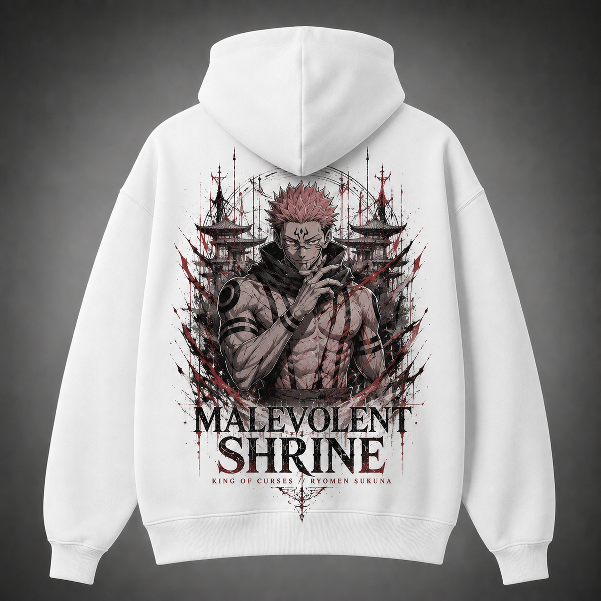 White hoodie with Sukuna Jujutsu Kaisen Malevolent Shrine graphic – photo 1