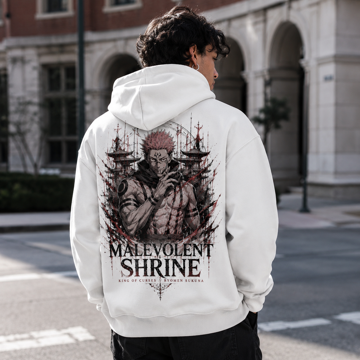 White hoodie with Sukuna Jujutsu Kaisen Malevolent Shrine graphic – photo 3
