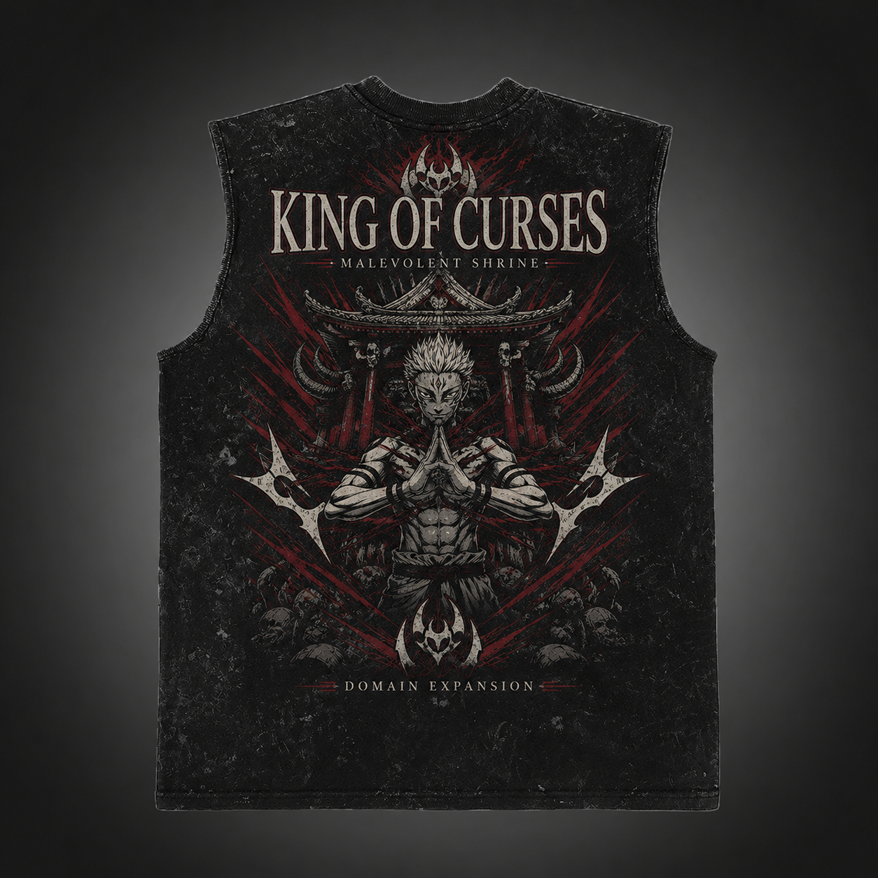 Washed black tank top with Sukuna Jujutsu Kaisen Malevolent Shrine graphic – photo 1