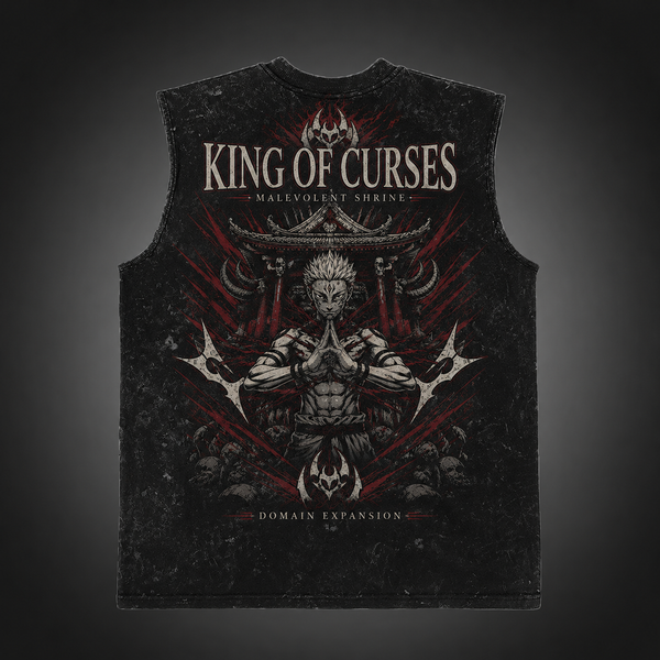 Washed black tank top with Sukuna Jujutsu Kaisen Malevolent Shrine graphic – photo 1