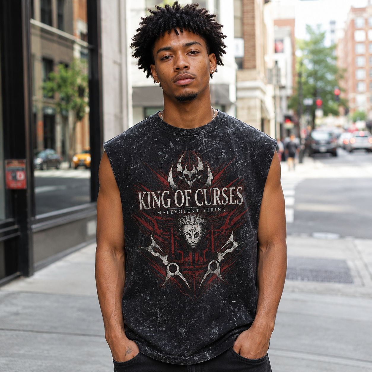 Washed black tank top with Sukuna Jujutsu Kaisen Malevolent Shrine graphic – photo 4