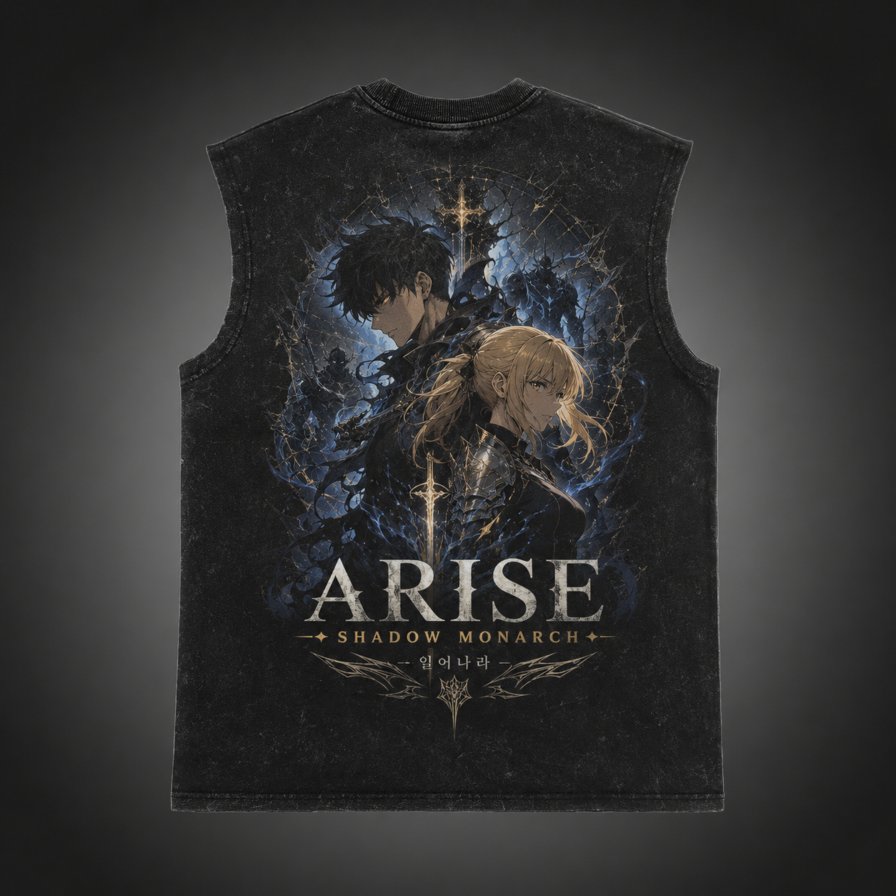 Washed black tank top with Sung Jin-Woo & Cha Hae-In Solo Leveling Arise Together graphic – photo 1