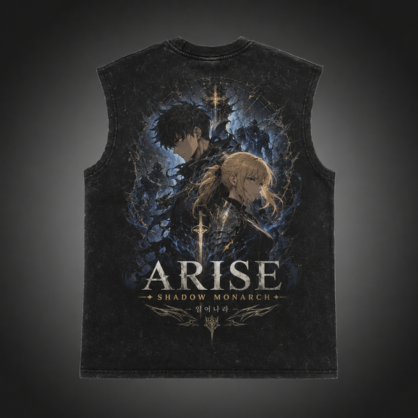 Washed black tank top with Sung Jin-Woo & Cha Hae-In Solo Leveling Arise Together graphic – photo 1