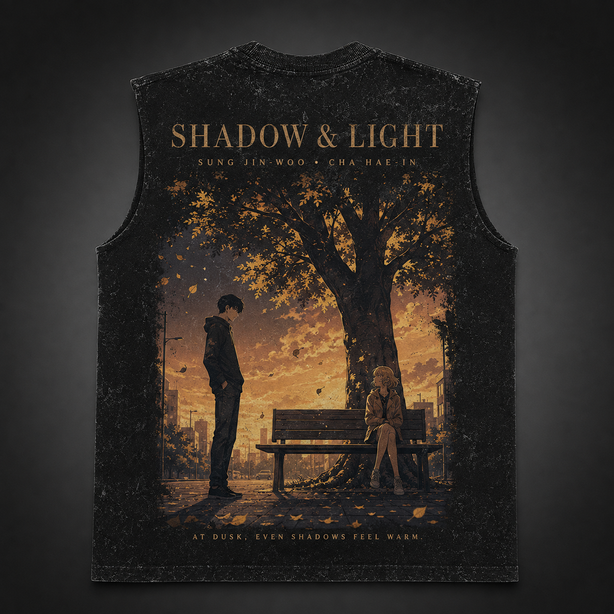 Washed black tank top with Sung Jin-Woo & Cha Hae-In Solo Leveling Shadow And Light graphic – photo 1