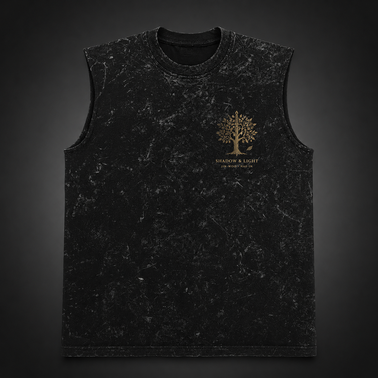 Washed black tank top with Sung Jin-Woo & Cha Hae-In Solo Leveling Shadow And Light graphic – photo 2