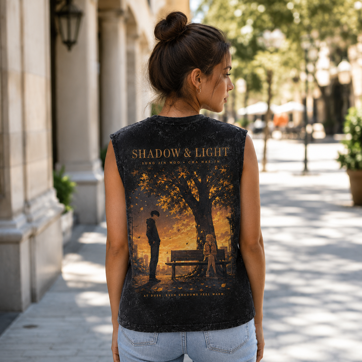 Washed black tank top with Sung Jin-Woo & Cha Hae-In Solo Leveling Shadow And Light graphic – photo 3