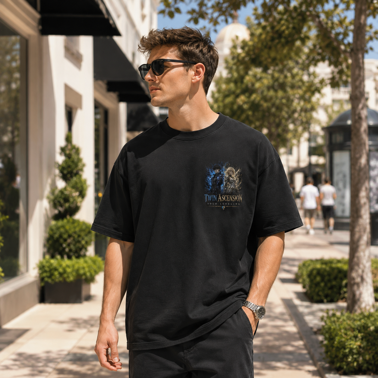 Black t-shirt with Sung Jin-Woo & Cha Hae-In Solo Leveling Twin Ascension graphic – photo 4