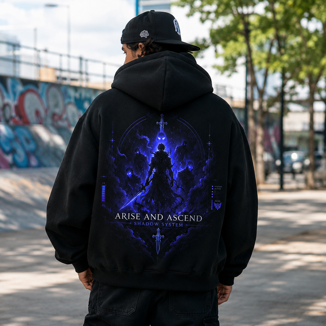 Black hoodie with Sung Jin-Woo Solo Leveling Arise And Ascend graphic – photo 3