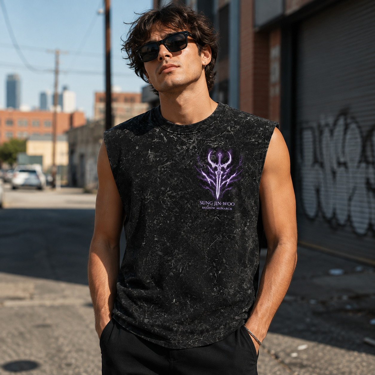 Washed black tank top with Sung Jin-Woo Solo Leveling Arise Awakening graphic – photo 4