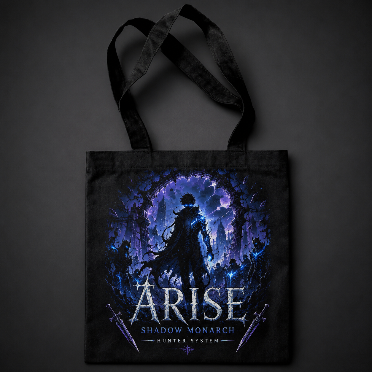 Black tote bag with Sung Jin-Woo Solo Leveling Arise Hunter System graphic – photo 1