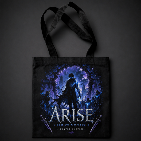 Black tote bag with Sung Jin-Woo Solo Leveling Arise Hunter System graphic – photo 1