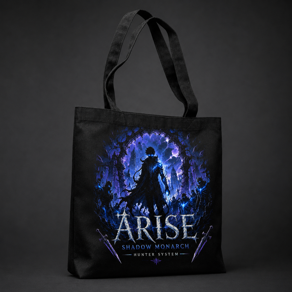 Black tote bag with Sung Jin-Woo Solo Leveling Arise Hunter System graphic – photo 2