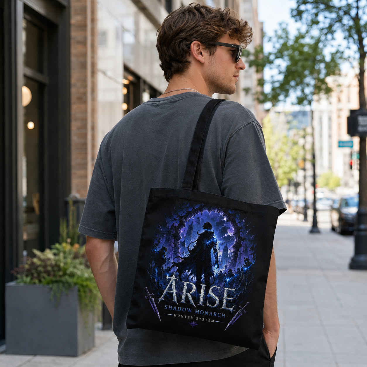 Black tote bag with Sung Jin-Woo Solo Leveling Arise Hunter System graphic – photo 3
