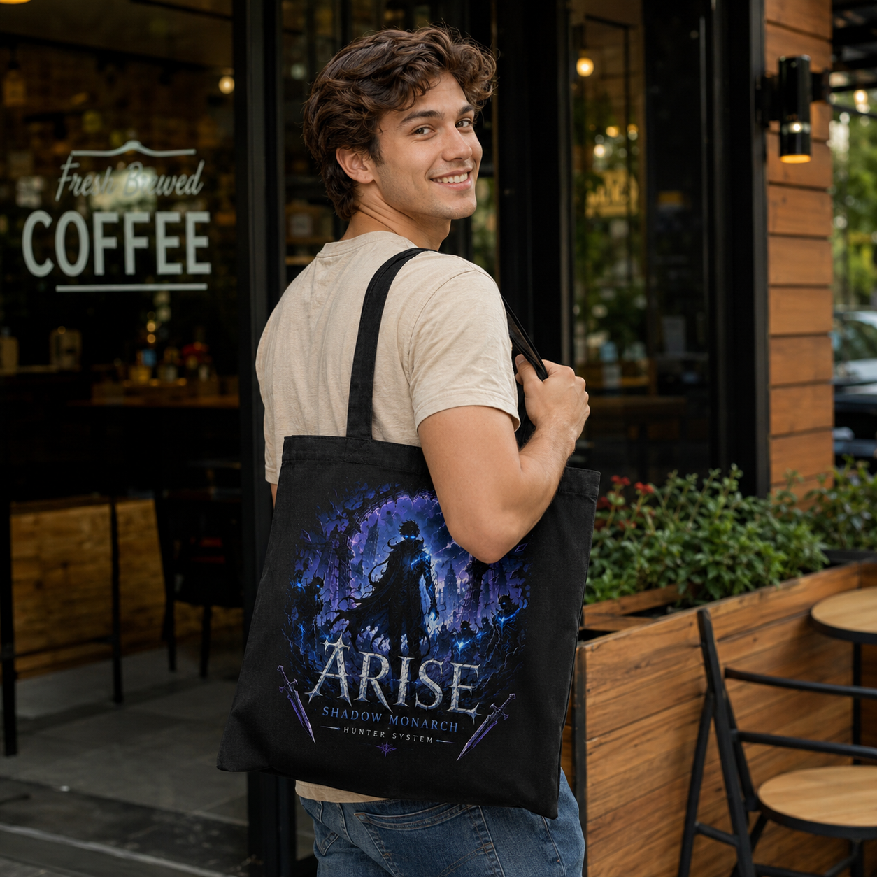 Black tote bag with Sung Jin-Woo Solo Leveling Arise Hunter System graphic – photo 4